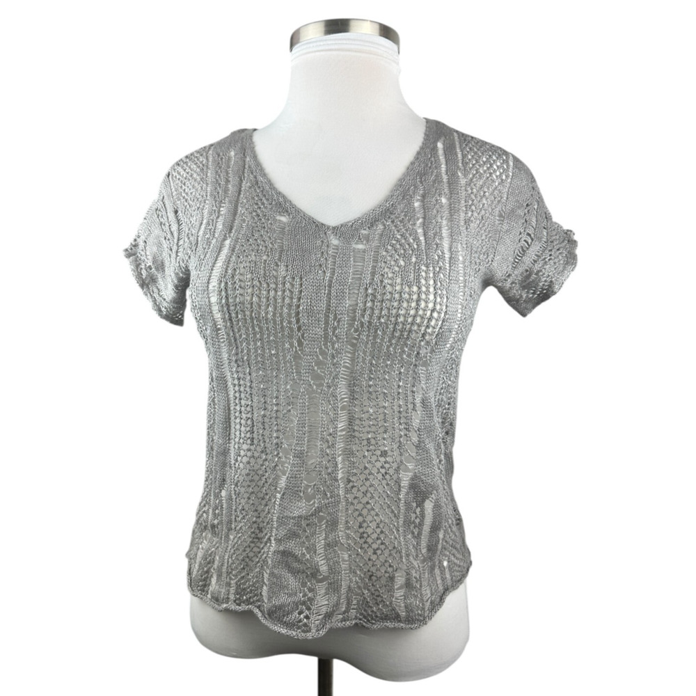 Eileen Fisher Open Knit V-Neck Short Sleeve Sweater Linen Metallic PP Petite Top - Picture 16 of 16
